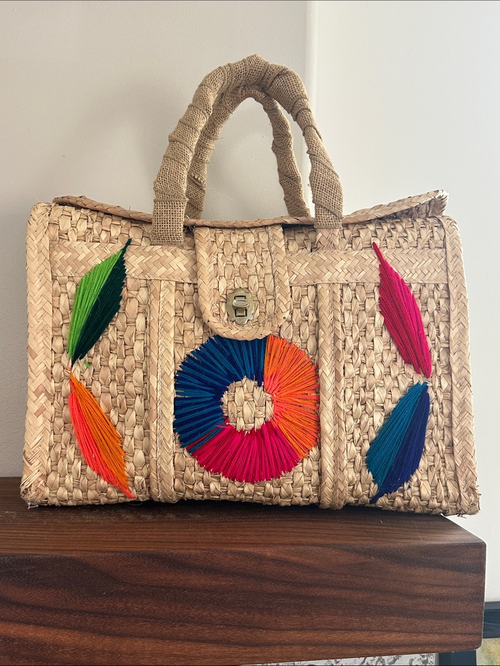 Vintage 60s 70s Mexican Hand Woven Straw Tote Bag Yarn Embroidered Boho
